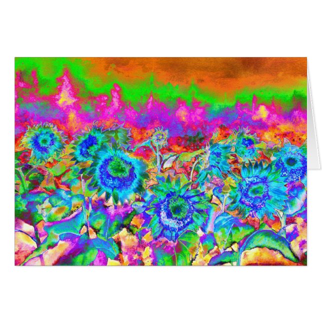 Retro funky Blue Sunblommor Hälsningskort (Framsidan Horizontal)