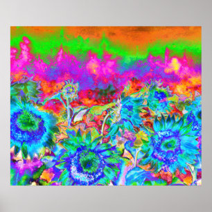 Retro funky Blue Sunblommor Poster
