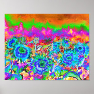 Retro funky Blue Sunblommor Poster
