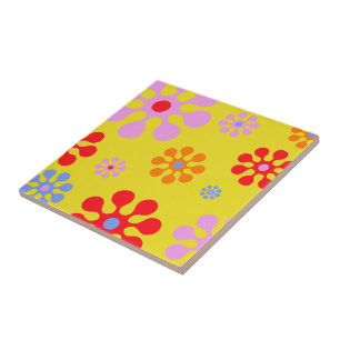 Retro Funky Flower Mönster Gult Trivet Kakelplatta