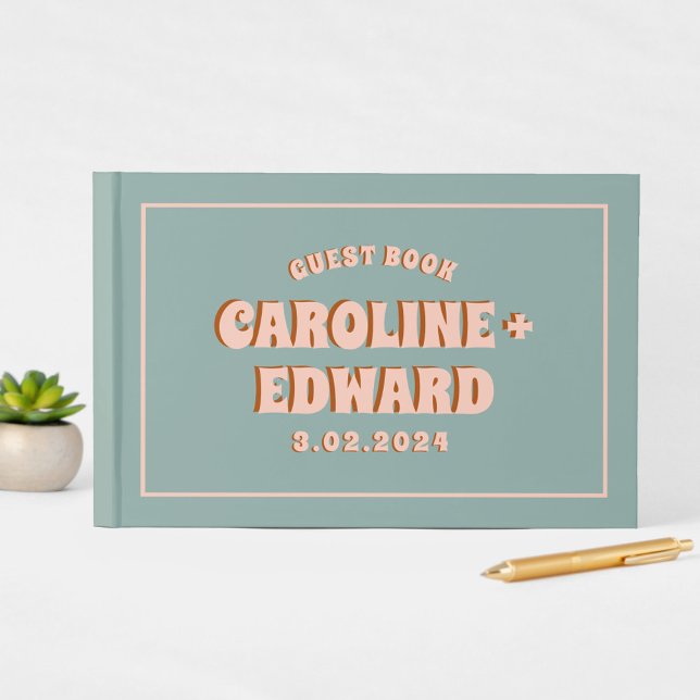 Retro Funky Groovy Colorful Rosa Bröllop Gästböcker (Skapare uppladdad)