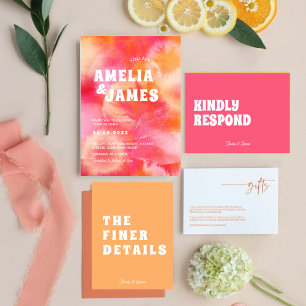 Retro Funky Modern rosa orange Bröllop Inbjudningar
