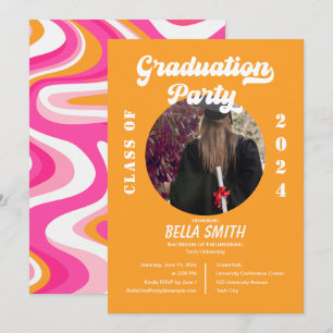 Retro Funky Rosa och Orange Examen Inbjudan