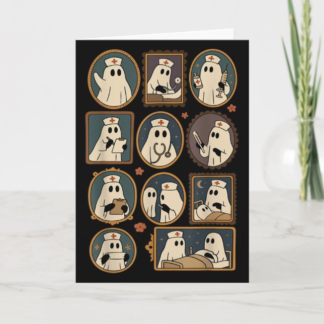 Retro Funny Boo Ghost Spooky Nurse Portrait Pictur Kort (Framsida)