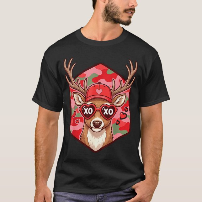 Retro Funny Boys Valentines Day Hunting Deer Camo  T Shirt (Framsida)