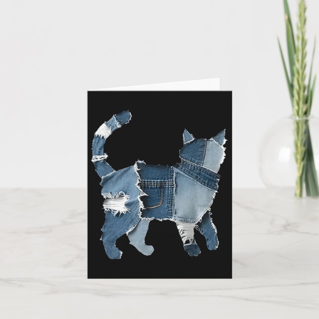 Retro Funny Denim Patch Animal Cat Kort (Framsida)