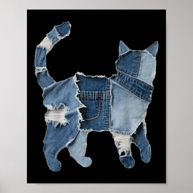 Retro Funny Denim Patch - utskrift av djurkatt Poster (Framsidan)