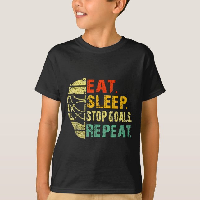 Retro Funny Eat Sleep Stop Goals Repeat Ice Hockey T Shirt (Framsida)
