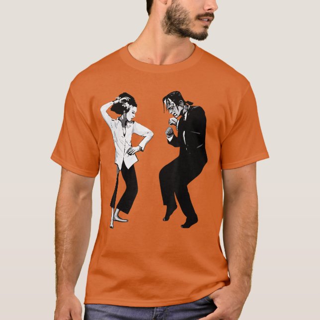 Retro Funny Frankenstein Monster and Bride Dancing T Shirt (Framsida)