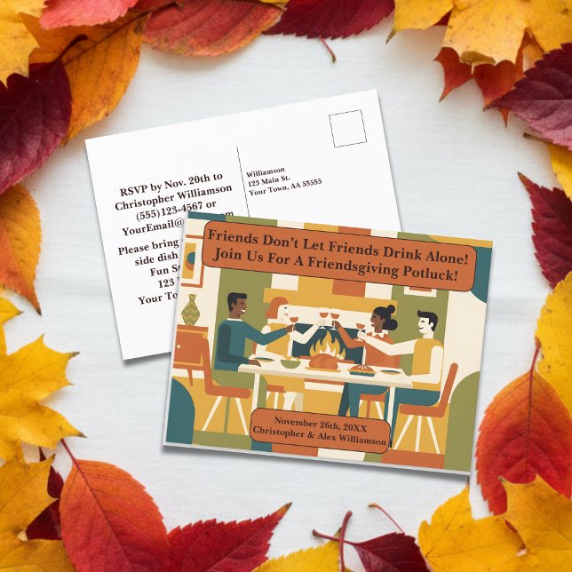 Retro Funny Friendsgiving Potluck Clinkglass Helg Vykort (Skapare uppladdad)