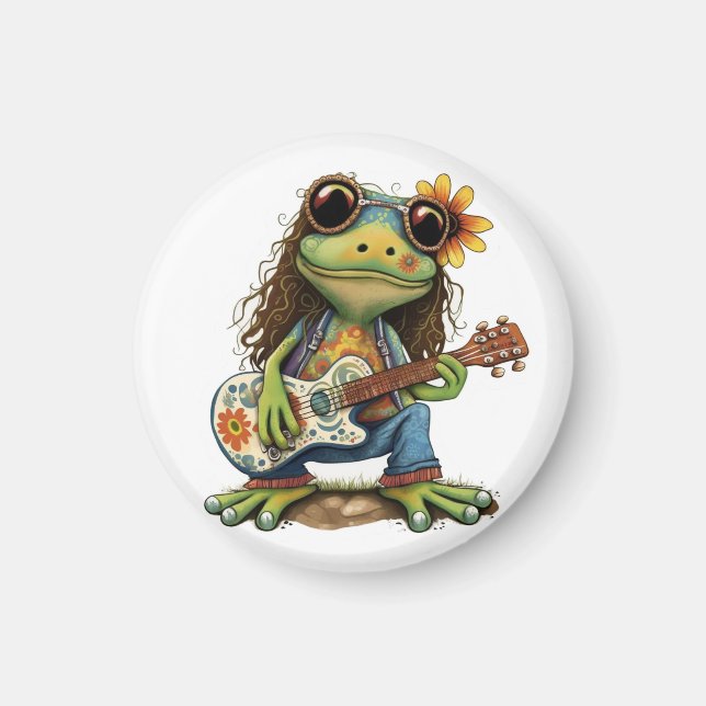 Retro Funny Hippie Frog Bära Glass Play Piano på Magnet (Framsidan)