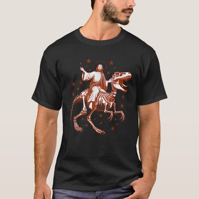 Retro Funny Jesus Riding Skeleton Dinosaur Christi T Shirt (Framsida)