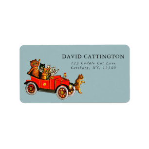 Retro Funny Louis Wain Tecknad Cats & Antique Car Adressetikett