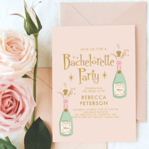 Retro Funny Peach Champagne Bachelorette Party Inbjudningar