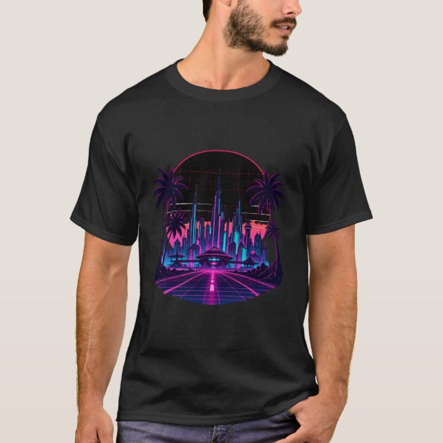 Retro Futurism Neon Synthwave T Shirt (Framsida)
