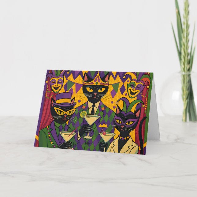 Retro Futuristic Mardi Gras Black Cat Martini Club Kort (Framsida)