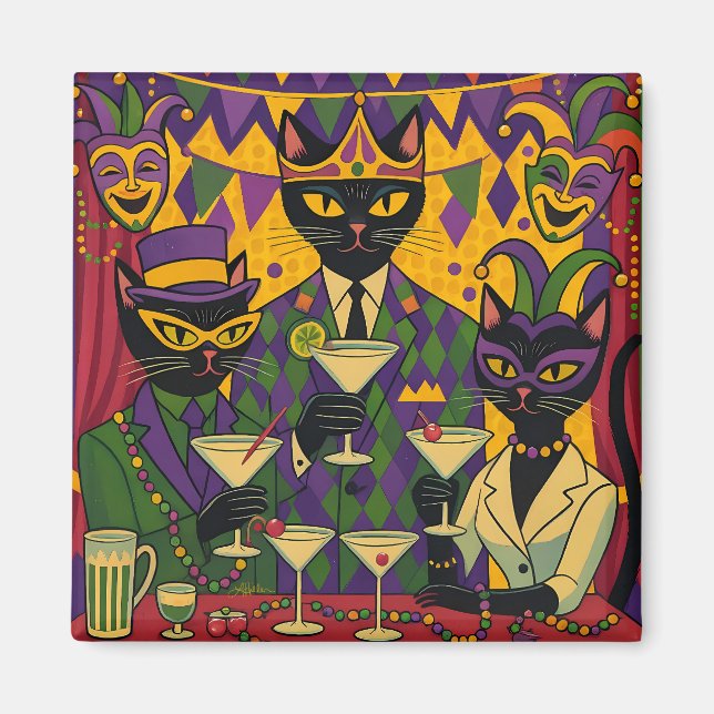 Retro Futuristic Mardi Gras Black Cat Martini Club Magnet (Framsidan)