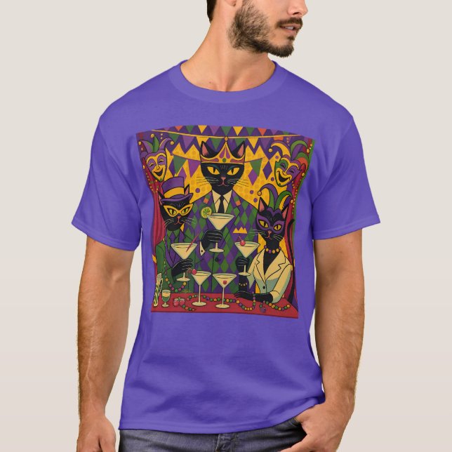 Retro Futuristic Mardi Gras Black Cat Martini Club T Shirt (Framsida)