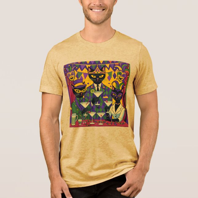 Retro Futuristic Mardi Gras Black Cat Martini Club T Shirt (Framsida)