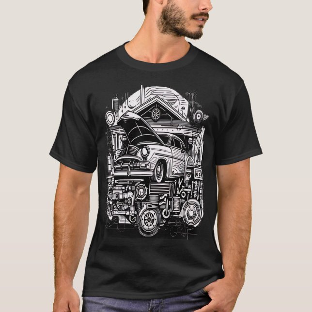 Retro-Futuristic Mechanical Workshop T Shirt (Framsida)