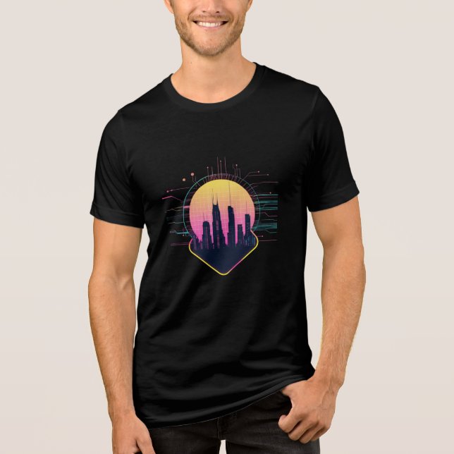 Retro Futuristic Neon Cityscape Tech T Shirt (Framsida)