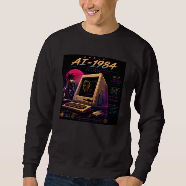 Retro Futuristisk AI Robot Dator Vaporwave Neon Lång Ärmad Tröja (Framsida)
