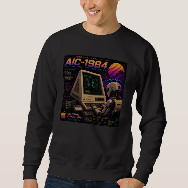 Retro Futuristisk AI Robot Dator Vaporwave Neon Lång Ärmad Tröja (Framsida)