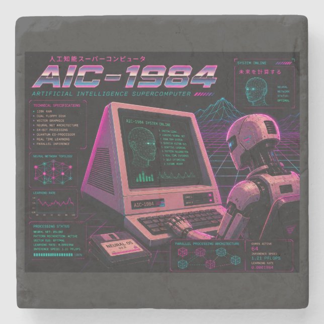 Retro Futuristisk AI Robot Dator Vaporwave Neon Stenunderlägg (Framsidan)