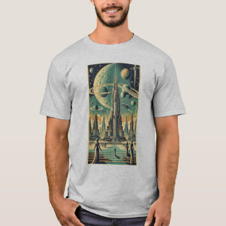 Retro Futuristisk Alien Stad Postkort Konst T Shirt