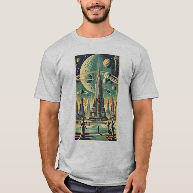 Retro Futuristisk Alien Stad Postkort Konst T Shirt (Framsida)