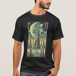 Retro Futuristisk Alien Stad Postkort Konst T Shirt