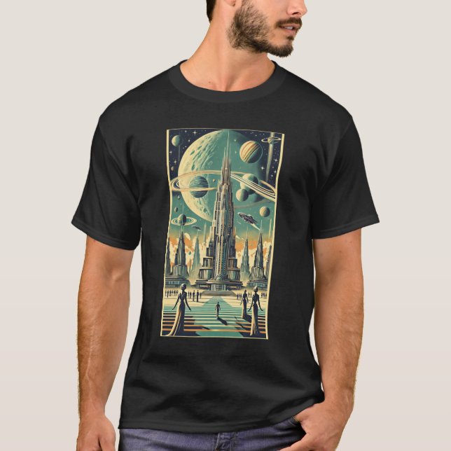 Retro Futuristisk Alien Stad Postkort Konst T Shirt (Framsida)