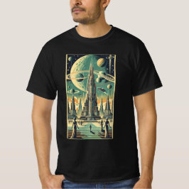 Retro Futuristisk Alien Stad Postkort Konst T Shirt