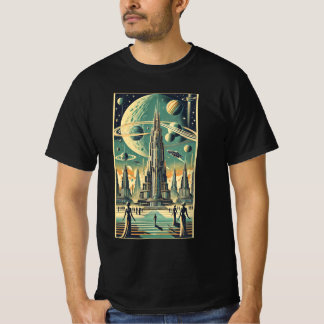 Retro Futuristisk Alien Stad Postkort Konst T Shirt