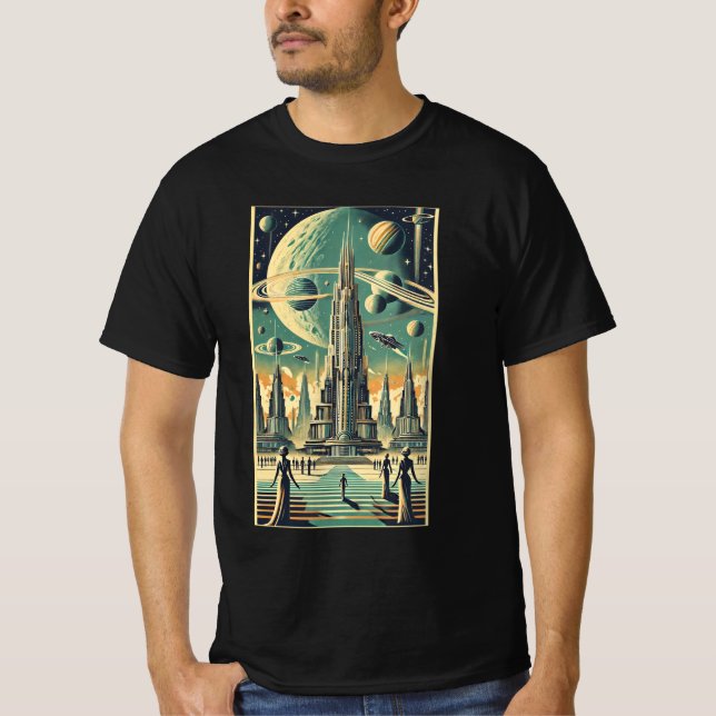 Retro Futuristisk Alien Stad Postkort Konst T Shirt (Framsida)