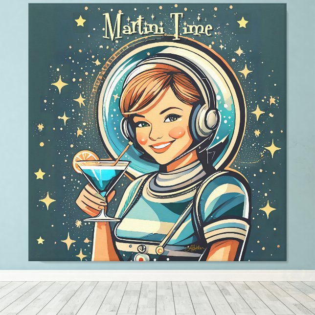 Retro Futuristisk Astro Flicka Martini Tid Canvastryck (Insitu (trägolv))