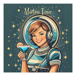 Retro Futuristisk Astro Flicka Martini Tid Fototryck