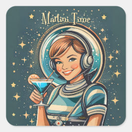 Retro Futuristisk Astro Flicka Martini Tid Fyrkantigt Klistermärke