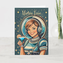 Retro Futuristisk Astro Flicka Martini Tid Kort