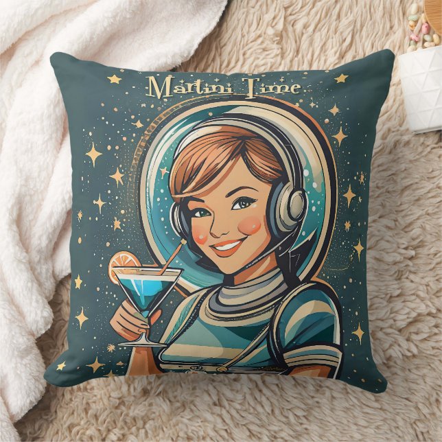 Retro Futuristisk Astro Flicka Martini Tid Kudde (Filt)