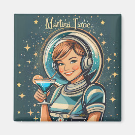 Retro Futuristisk Astro Flicka Martini Tid Magnet