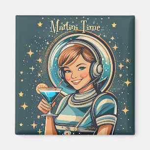 Retro Futuristisk Astro Flicka Martini Tid Magnet
