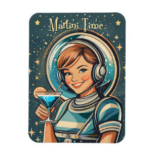 Retro Futuristisk Astro Flicka Martini Tid Magnet