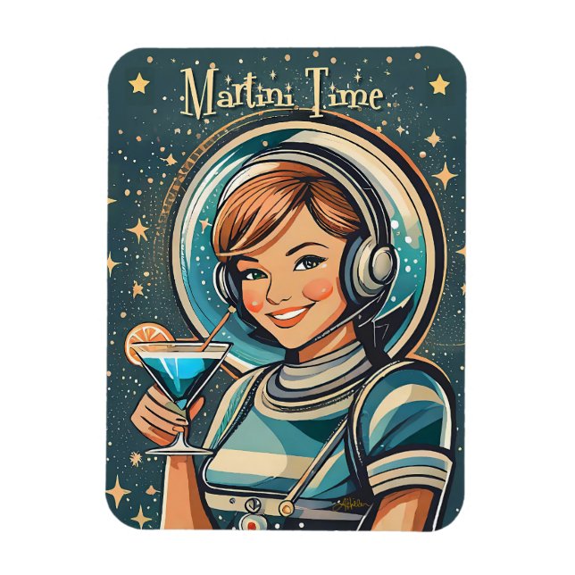 Retro Futuristisk Astro Flicka Martini Tid Magnet (Vertikal)