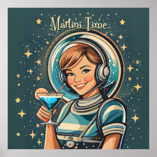 Retro Futuristisk Astro Flicka Martini Tid Poster