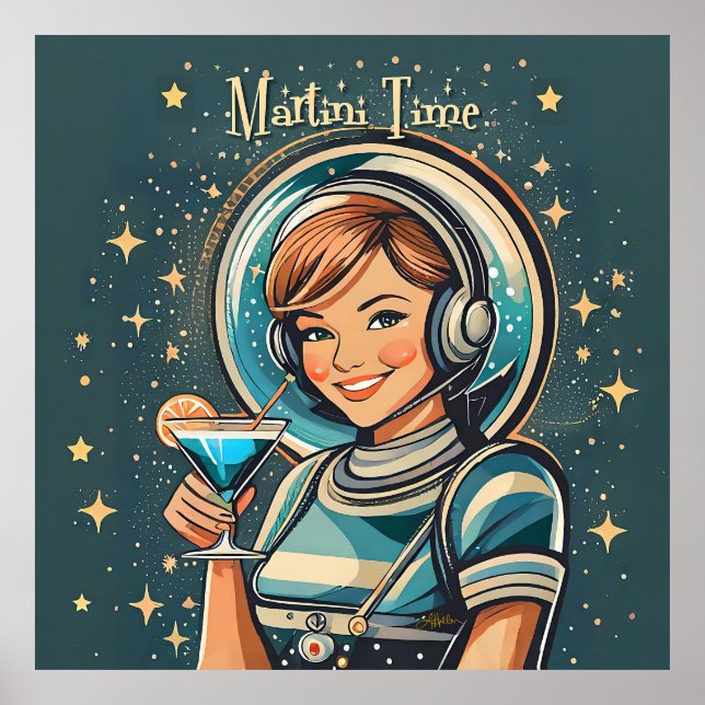 Retro Futuristisk Astro Flicka Martini Tid Poster (Framsidan)