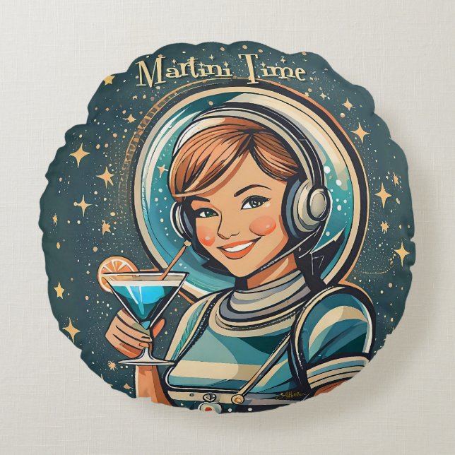 Retro Futuristisk Astro Flicka Martini Tid Rund Kudde (Framsidan)