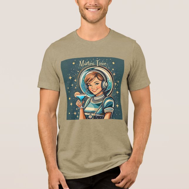 Retro Futuristisk Astro Flicka Martini Tid T Shirt (Framsida)