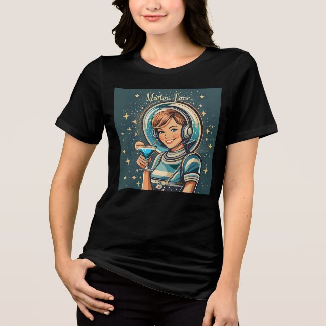 Retro Futuristisk Astro Flicka Martini Tid T Shirt (Framsida)
