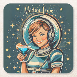 Retro Futuristisk Astro Flicka Martini Tid Underlägg Papper Kvadrat